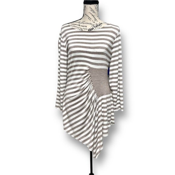 ECI NY Metallic Stripe Asymmetrical Pleated Top Beige Feminine Minimalist Size L - Picture 1 of 7
